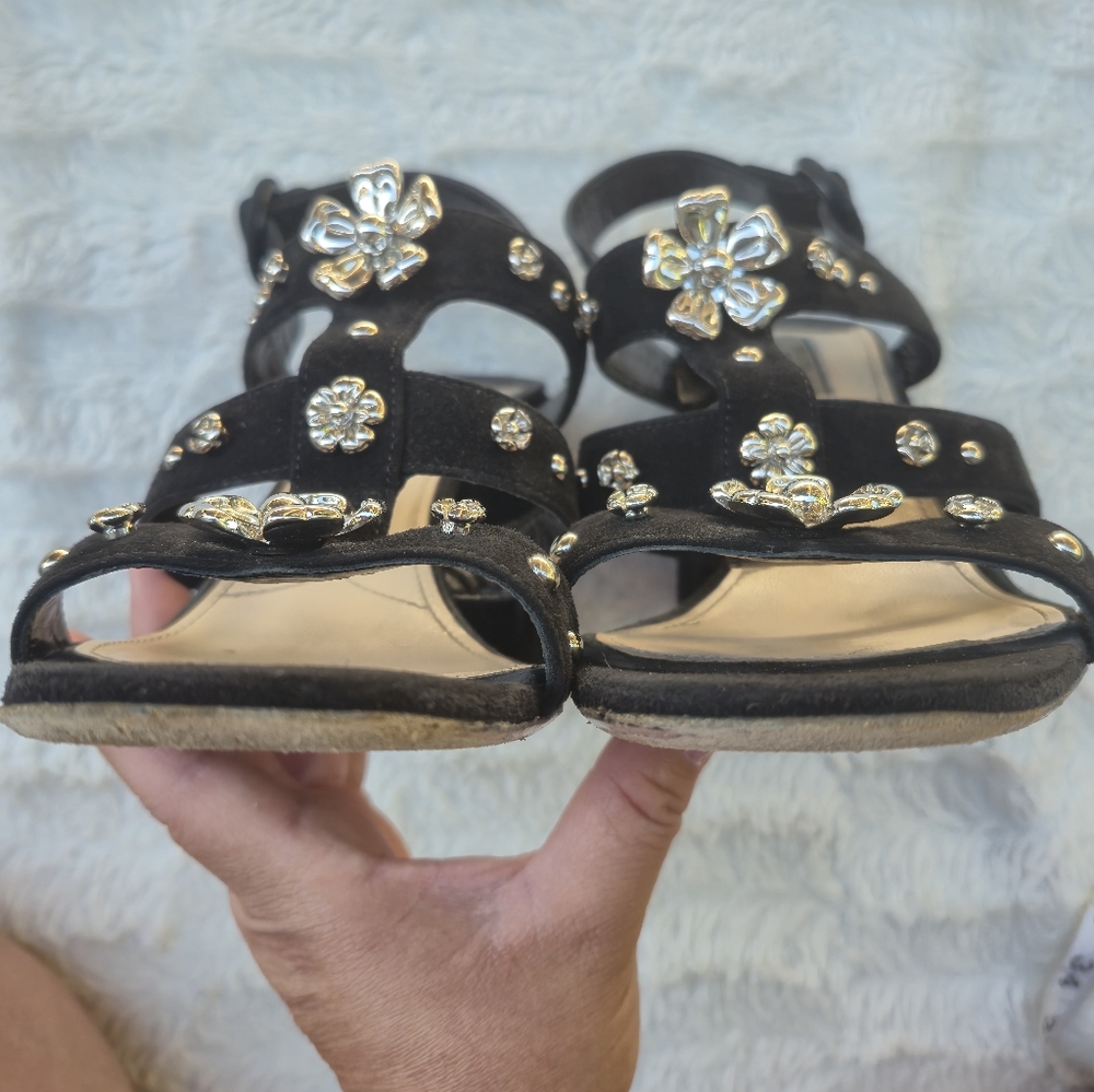 Prada Black Suede Multi-Strap Heels with Crystal Flower Accents - Picture 6 of 11